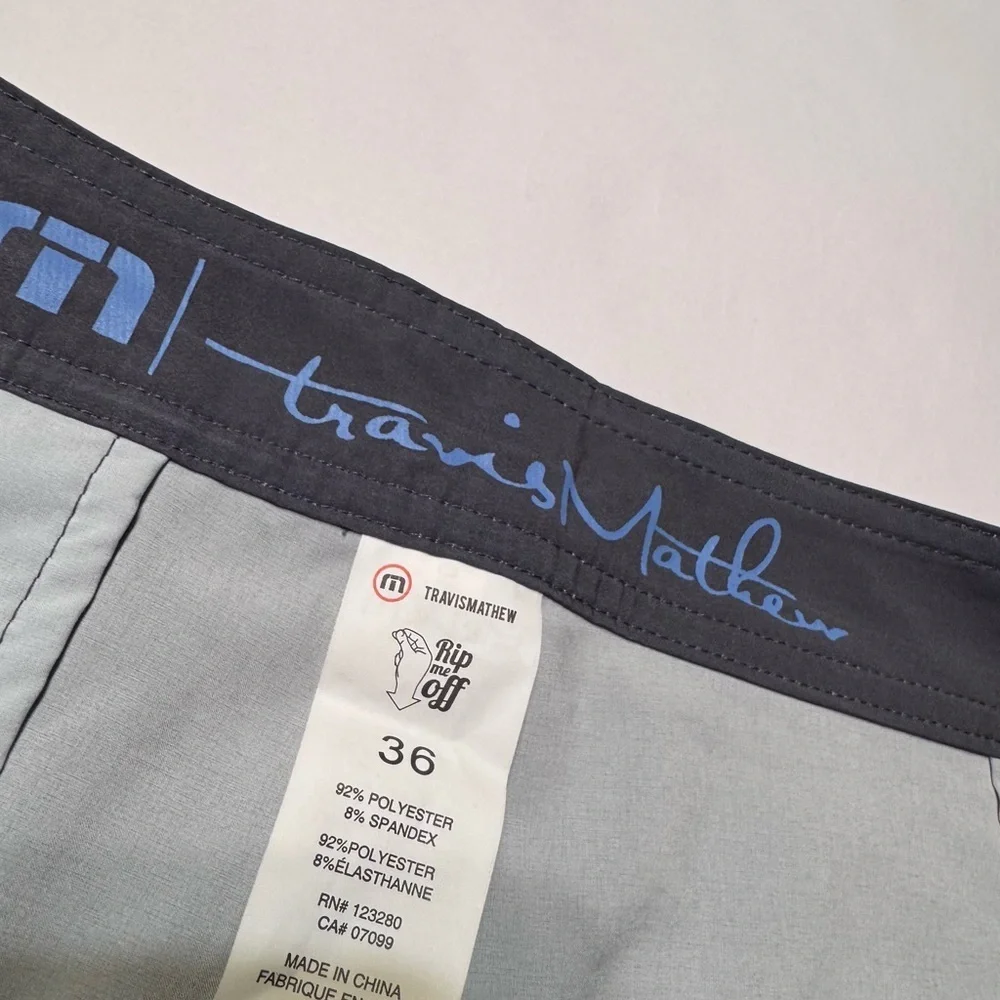 Travis Mathew Board Shorts Mens 36 Blue Tan Striped Swim Beach No Liner